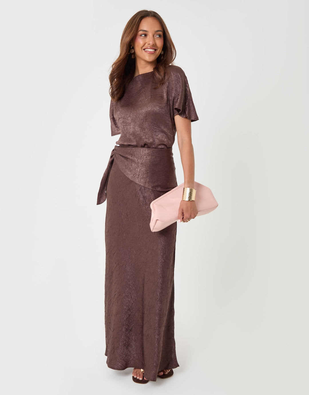 Threadbare Crinkle Satin Batwing Top in Chocolate Brown - full body