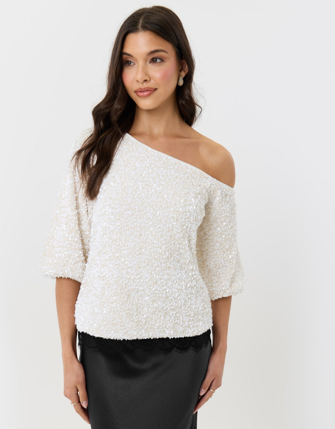 Sequin Slash Neck Puff Sleeve Top in White