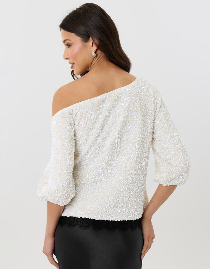 Sequin Slash Neck Puff Sleeve Top in White