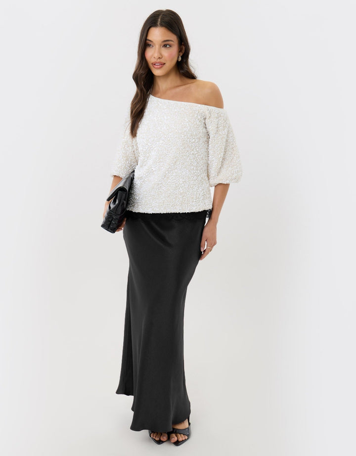 Sequin Slash Neck Puff Sleeve Top in White