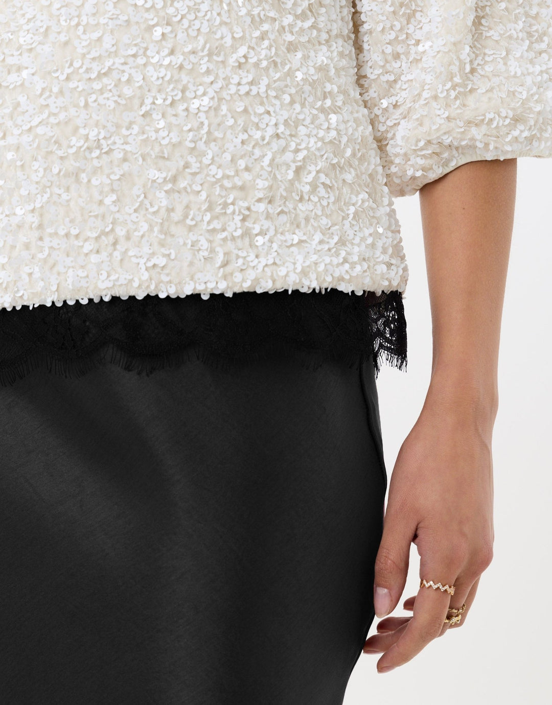 Sequin Slash Neck Puff Sleeve Top in White