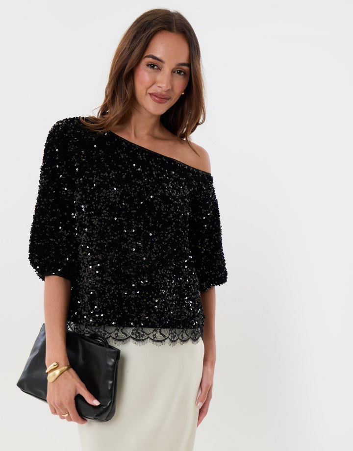 Sequin Slash Neck Puff Sleeve Top in Black