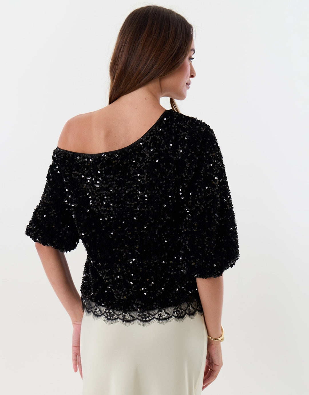 Sequin Slash Neck Puff Sleeve Top in Black