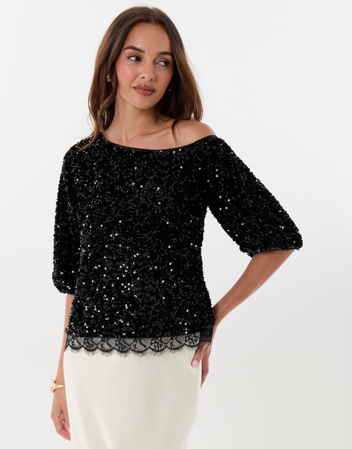 Sequin Slash Neck Puff Sleeve Top in Black