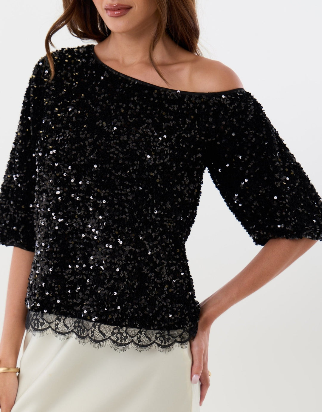 Sequin Slash Neck Puff Sleeve Top in Black