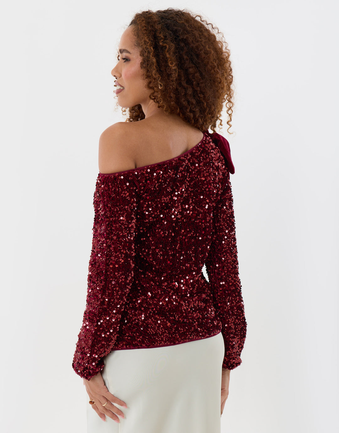Sequin Slash Neck Top with Bow Detail in Burgundy
