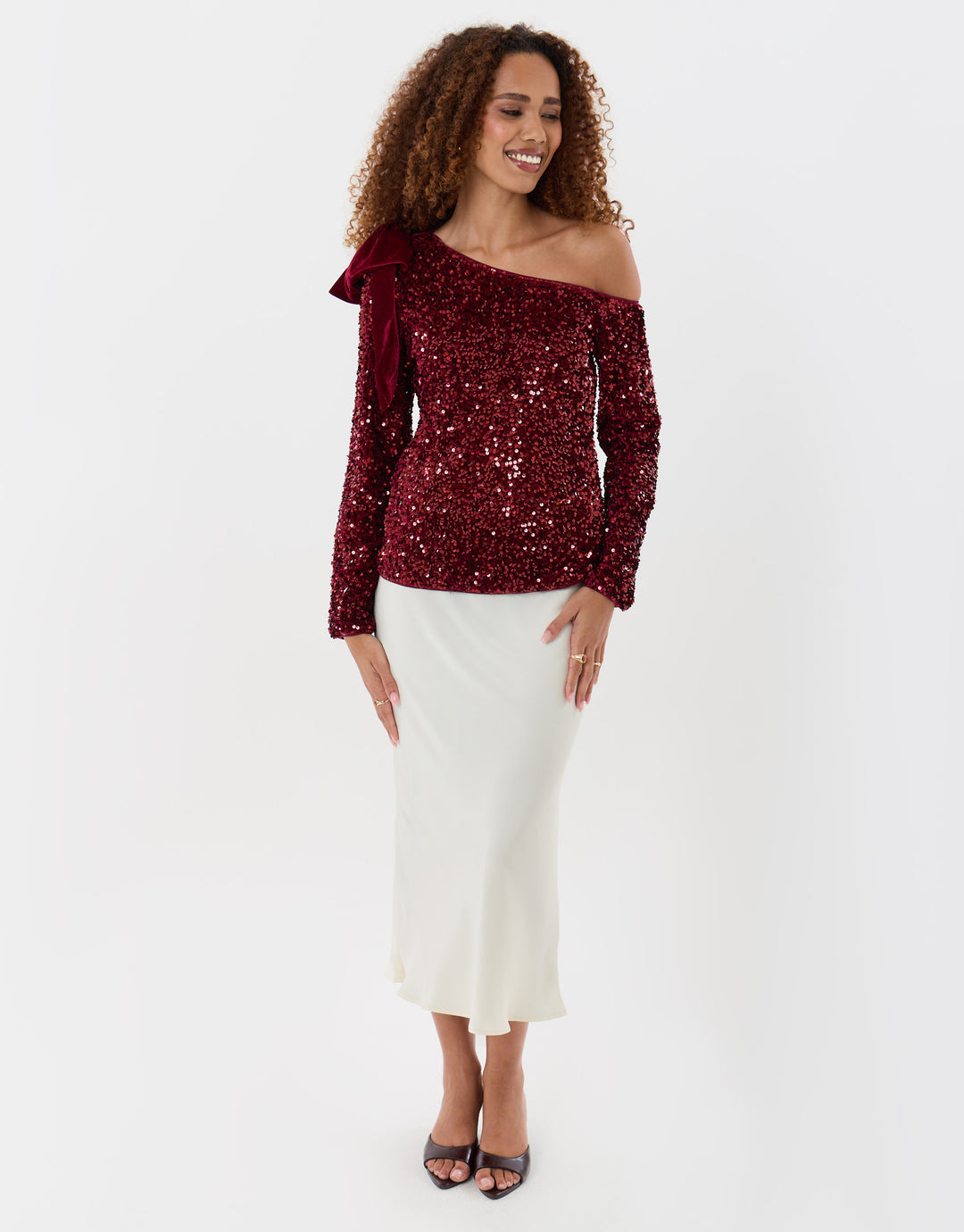 Sequin Slash Neck Top with Bow Detail in Burgundy