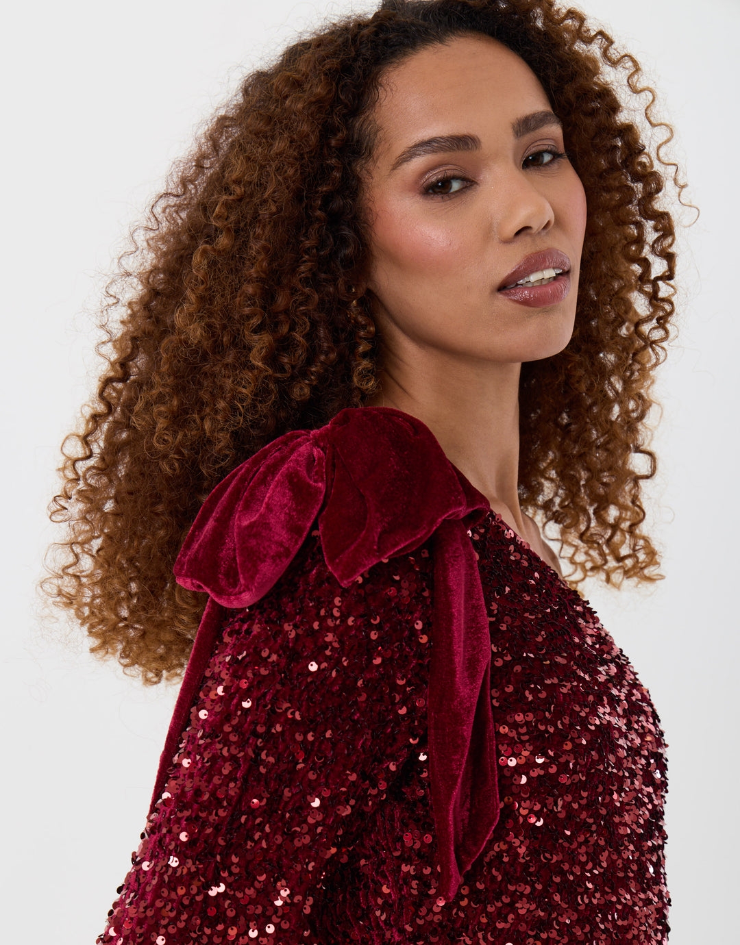 Sequin Slash Neck Top with Bow Detail in Burgundy