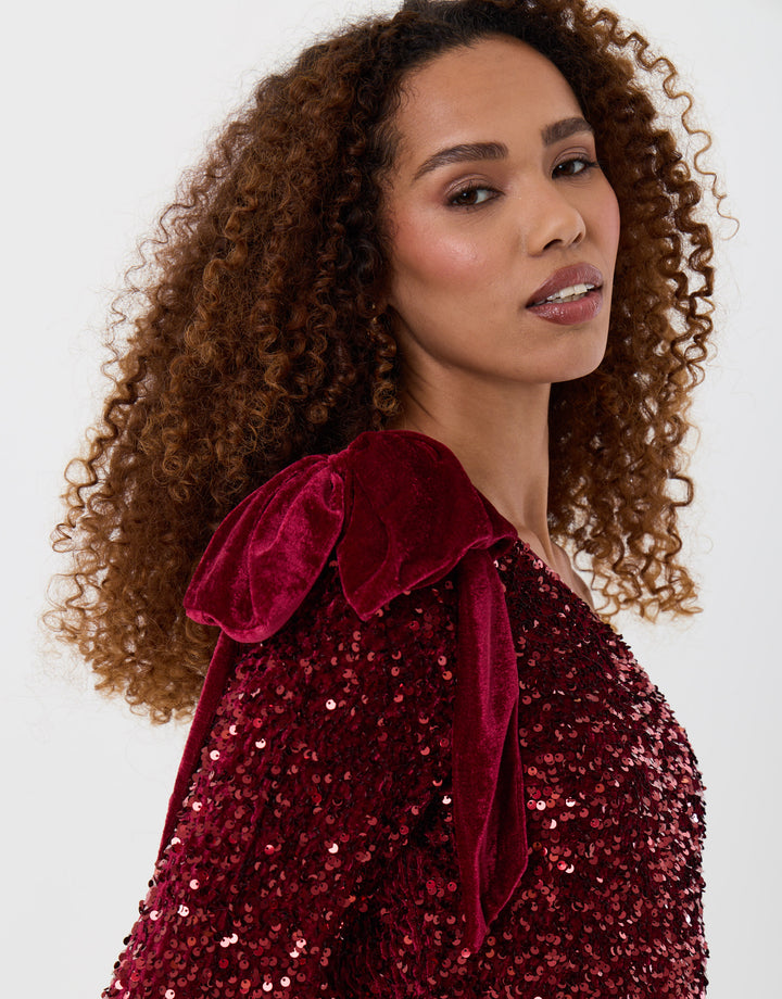 Sequin Slash Neck Top with Bow Detail in Burgundy