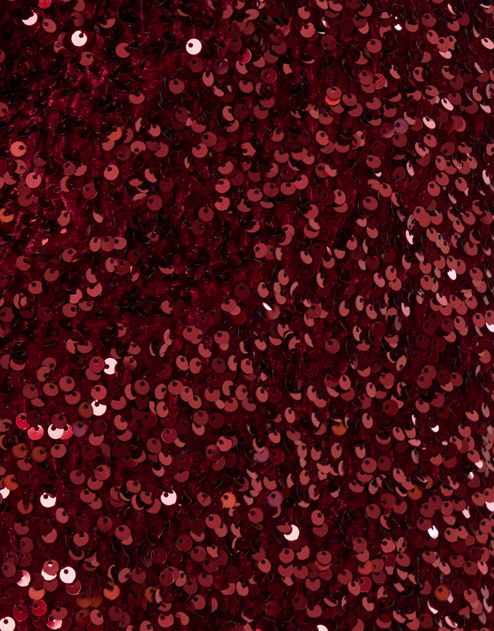 Sequin Slash Neck Top with Bow Detail in Burgundy