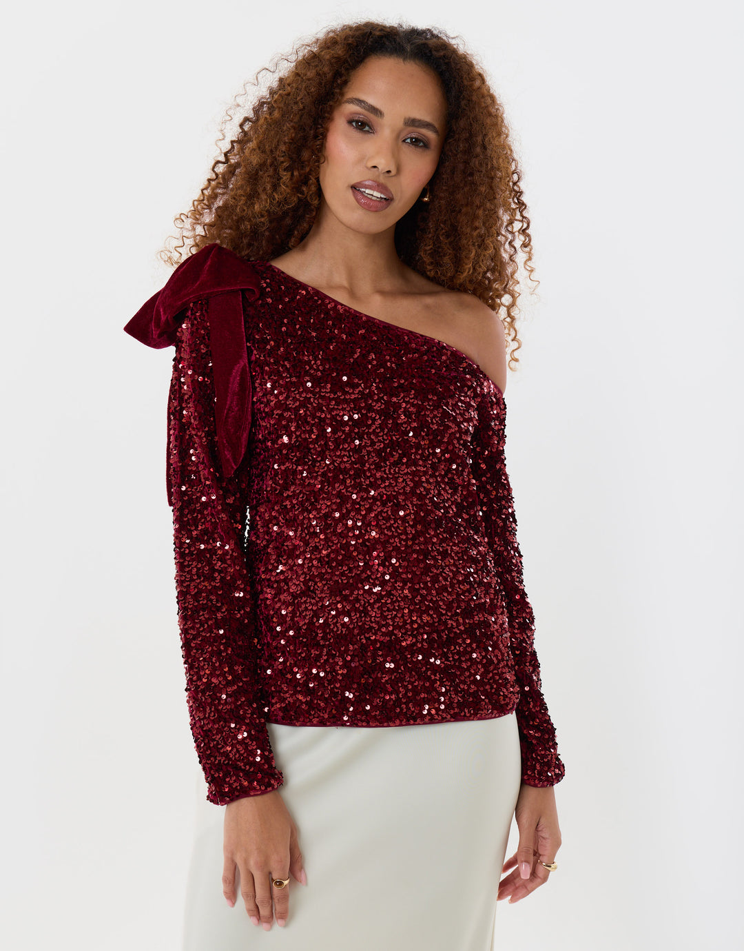 Sequin Slash Neck Top with Bow Detail in Burgundy