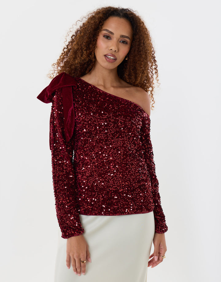 Sequin Slash Neck Top with Bow Detail in Burgundy