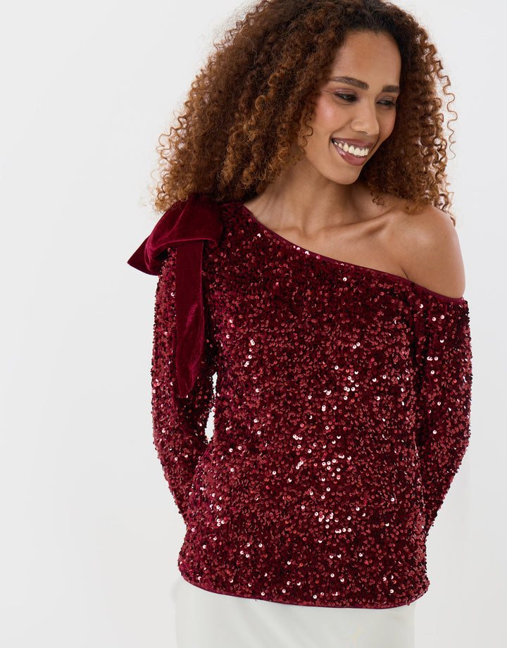 Sequin Slash Neck Top with Bow Detail in Burgundy