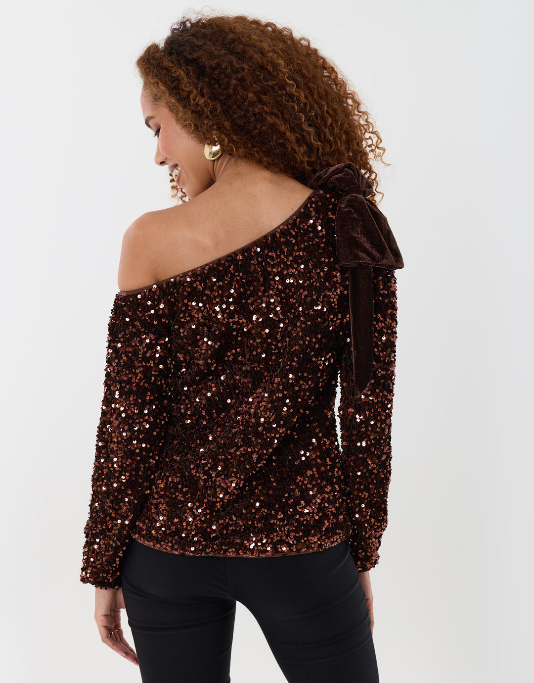 Sequin Slash Neck Top with Bow Detail in Chocolate Brown