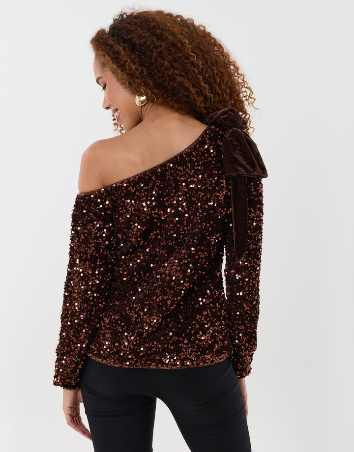 Sequin Slash Neck Top with Bow Detail in Chocolate Brown