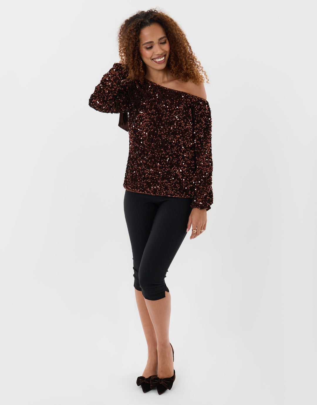 Sequin Slash Neck Top with Bow Detail in Chocolate Brown