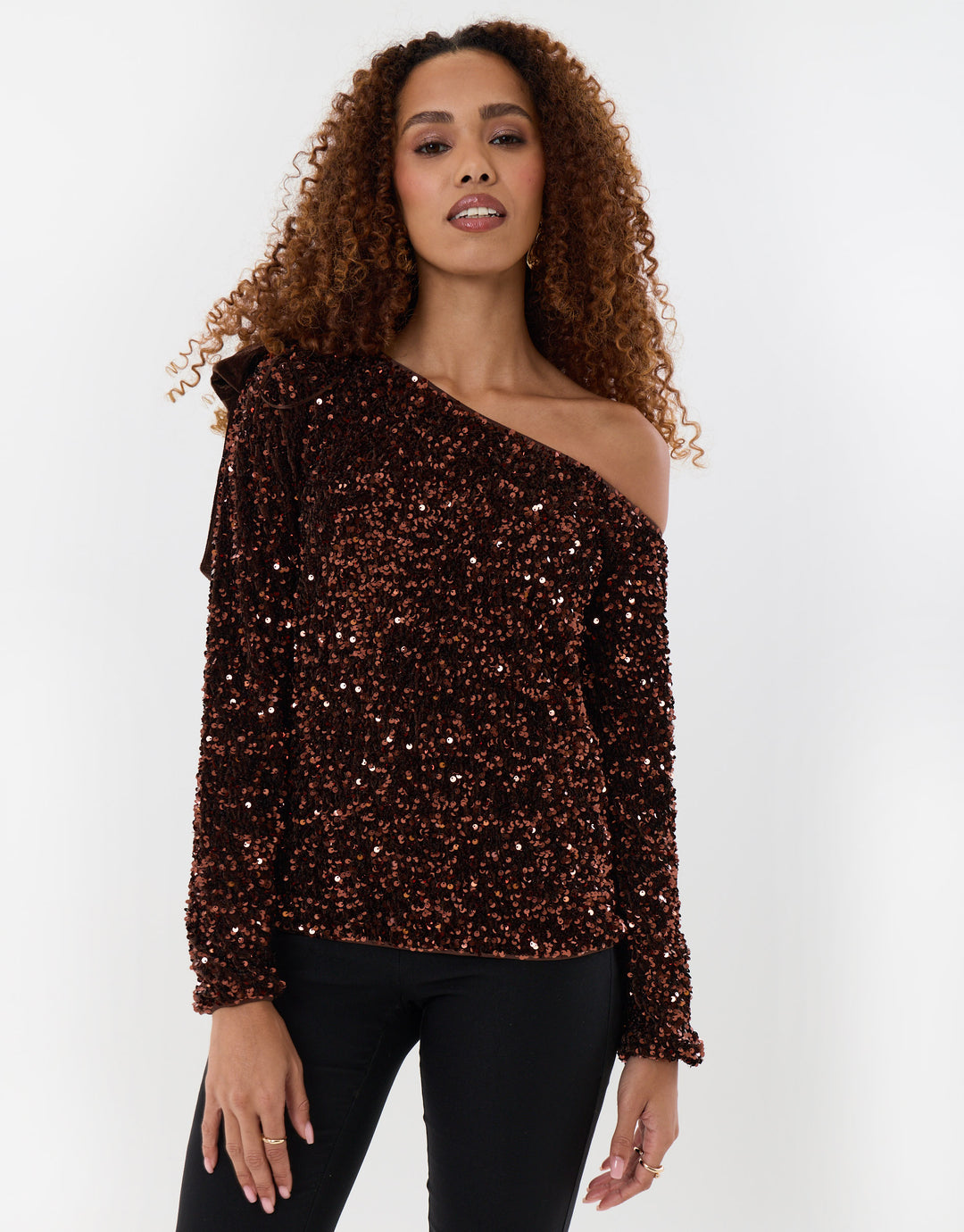 Sequin Slash Neck Top with Bow Detail in Chocolate Brown