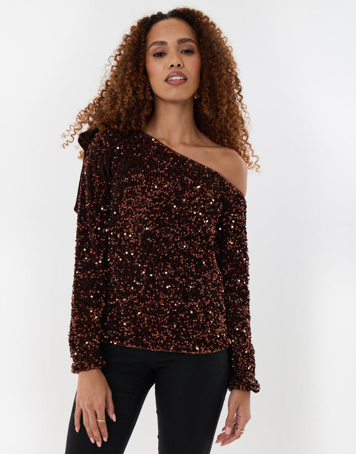 Sequin Slash Neck Top with Bow Detail in Chocolate Brown