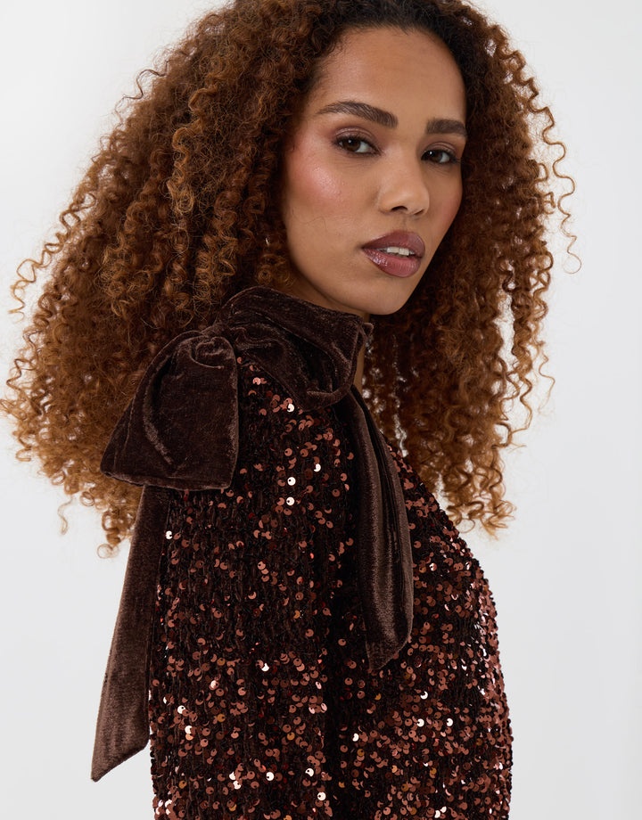 Sequin Slash Neck Top with Bow Detail in Chocolate Brown