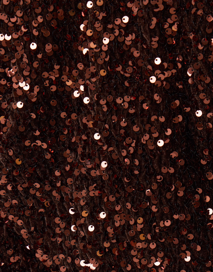 Sequin Slash Neck Top with Bow Detail in Chocolate Brown