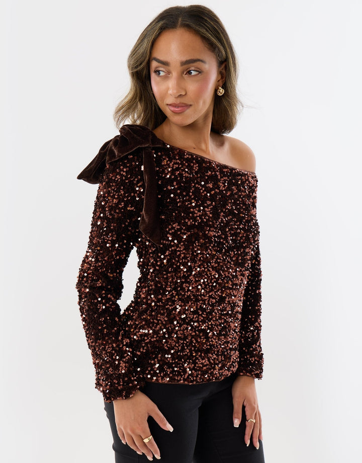 Sequin Slash Neck Top with Bow Detail in Chocolate Brown