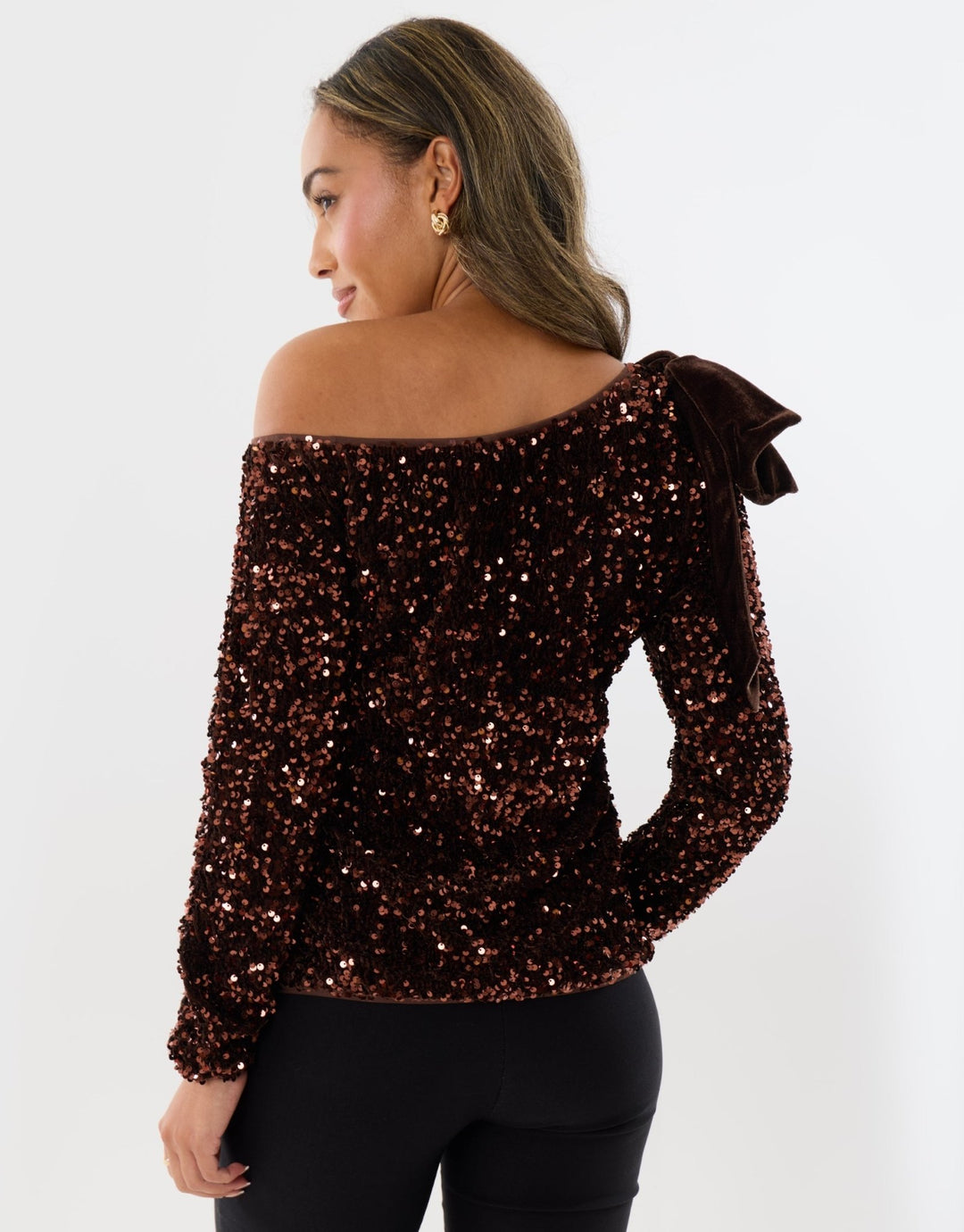 Sequin Slash Neck Top with Bow Detail in Chocolate Brown