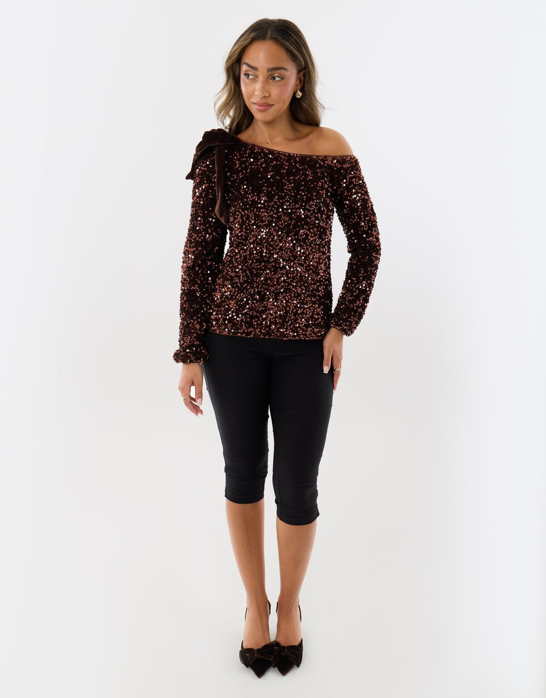 Sequin Slash Neck Top with Bow Detail in Chocolate Brown