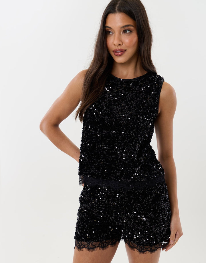 Sequin Shell Top with Lace Trim in Black