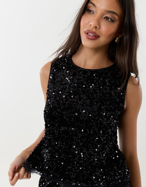 Threadbare Sequin Shell Top with Lace Trim in Black - close up