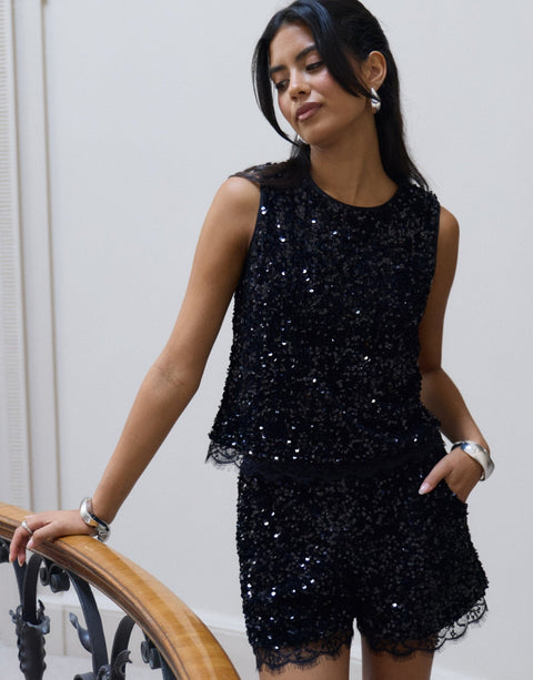 Threadbare Sequin Shell Top with Lace Trim in Black -  front view