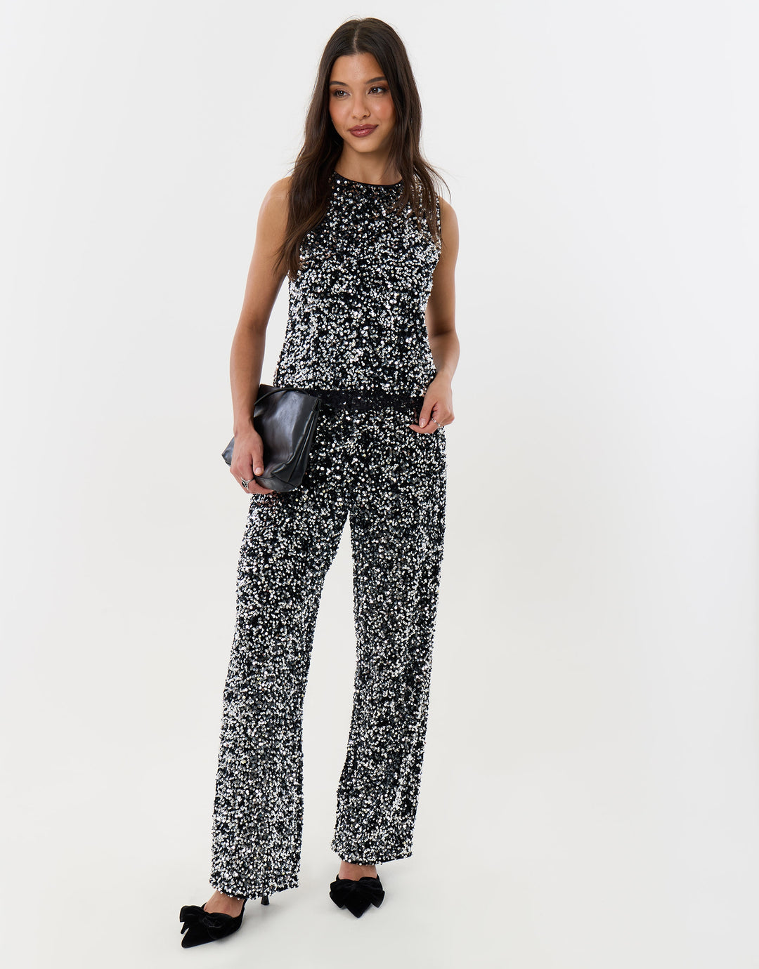 Threadbare Sequin Shell Top with Lace Trim in Charcoal Grey - full view