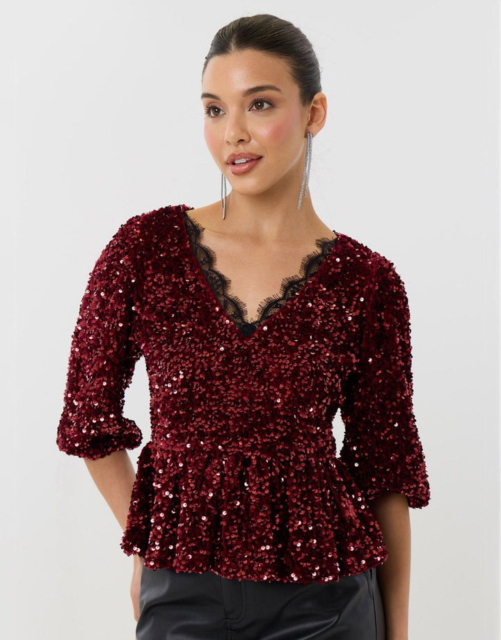 Sequin Puff Sleeve Top with Lace Trim in Burgundy