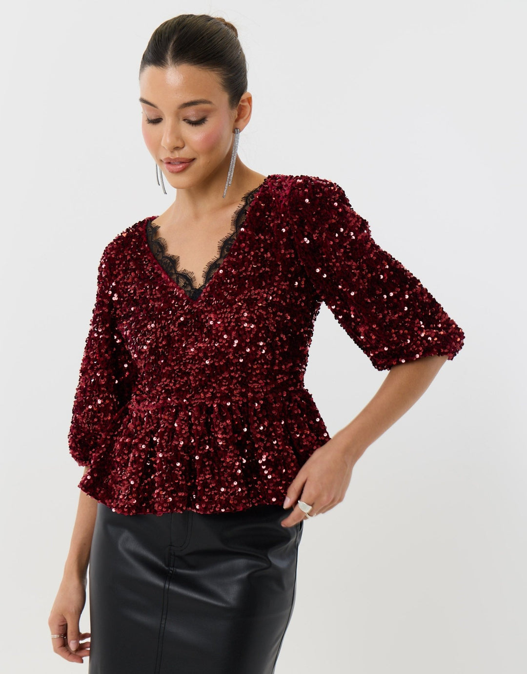 Sequin Puff Sleeve Top with Lace Trim in Burgundy