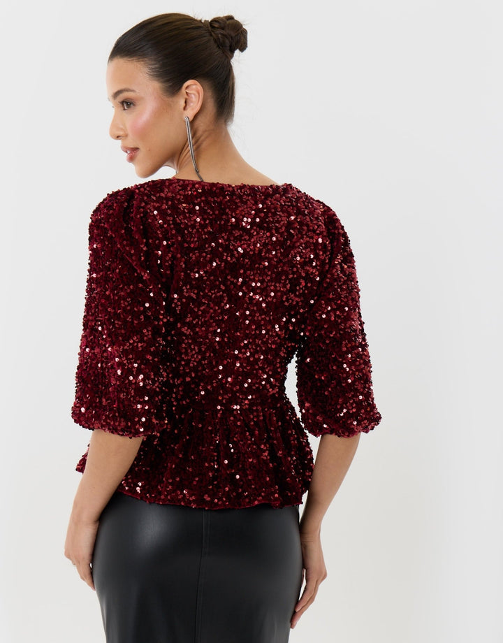 Sequin Puff Sleeve Top with Lace Trim in Burgundy