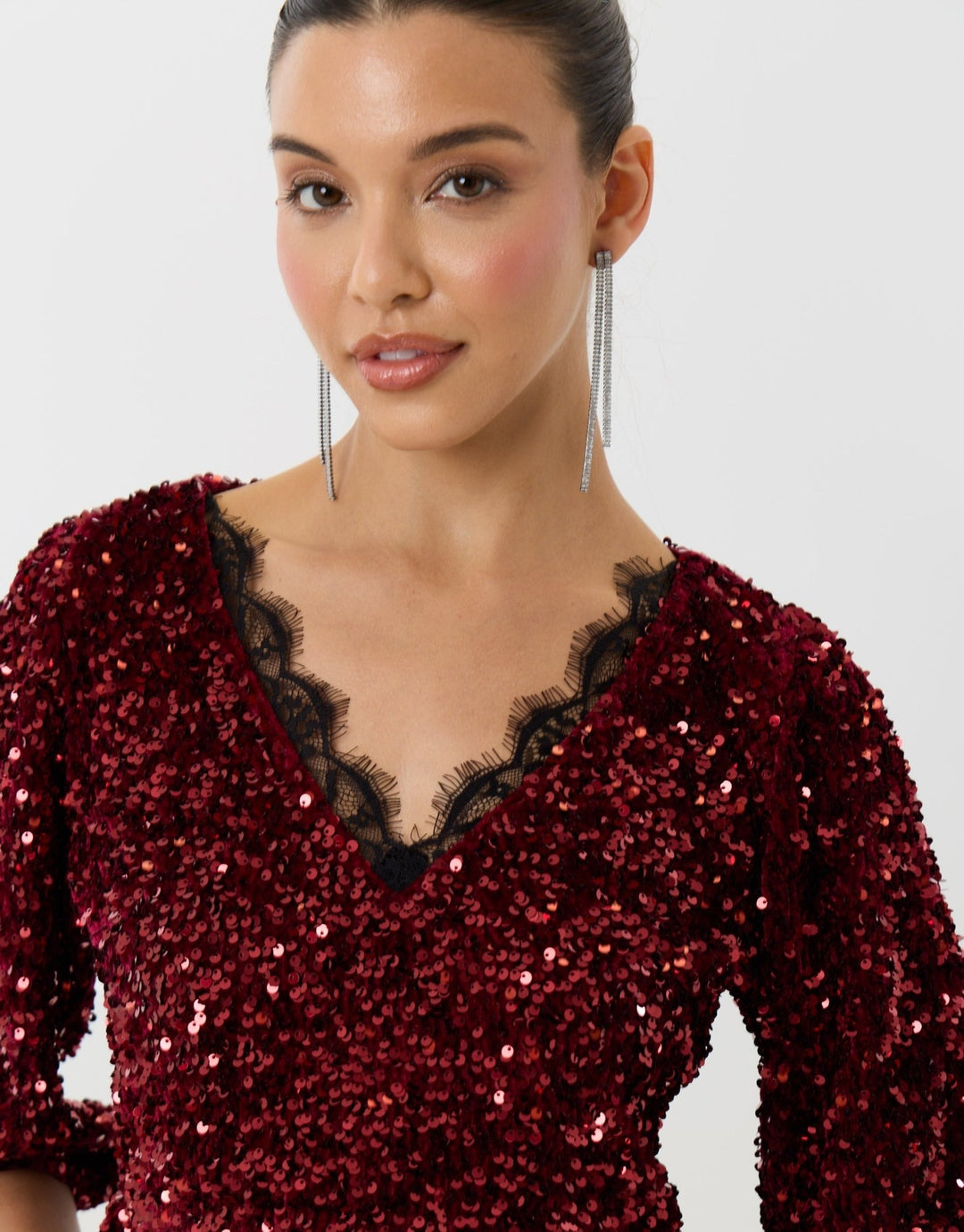 Sequin Puff Sleeve Top with Lace Trim in Burgundy