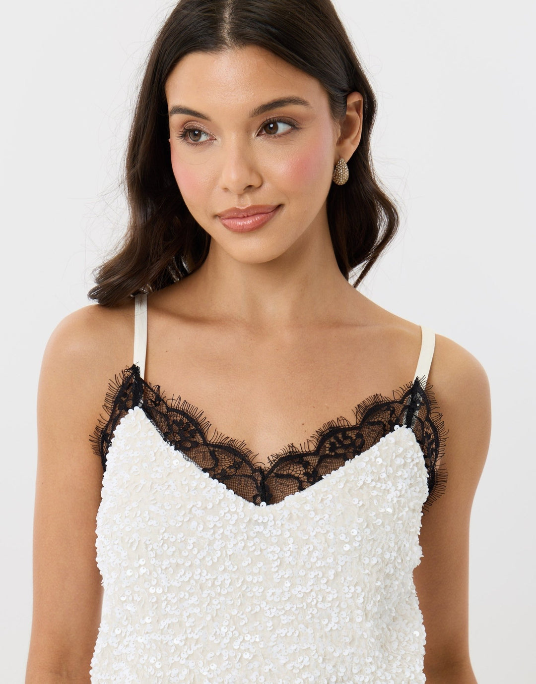 Sequin Cami with Lace Trim in White