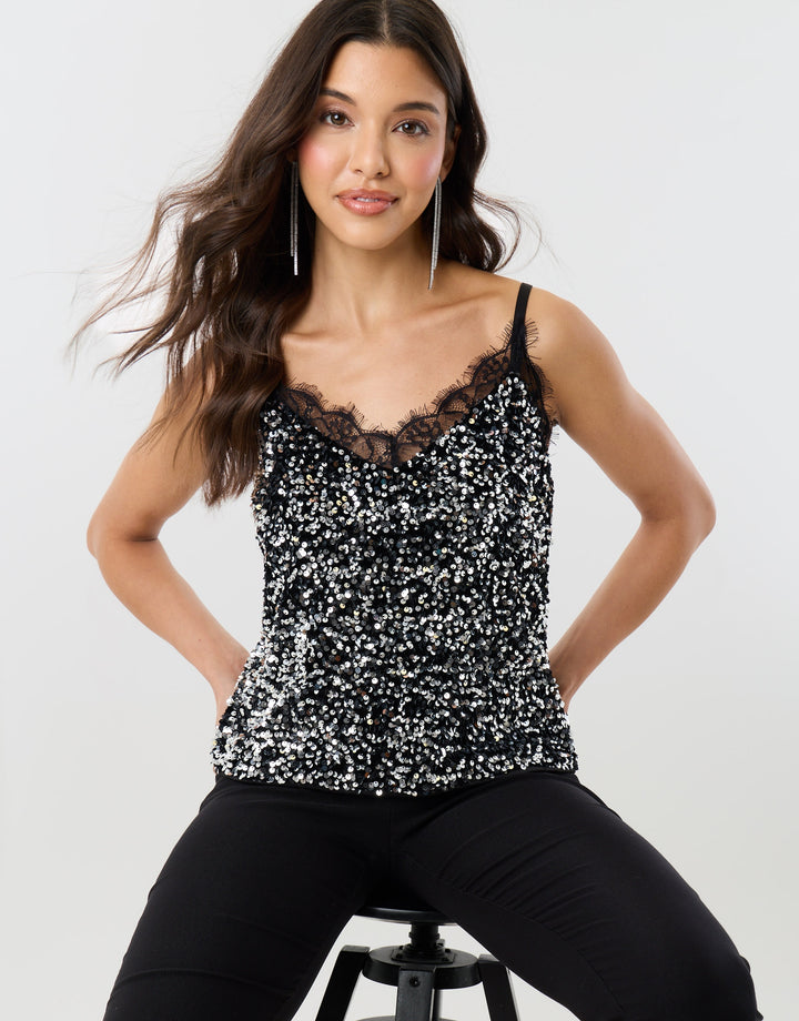 Sequin Cami with Lace Trim in Charcoal Grey