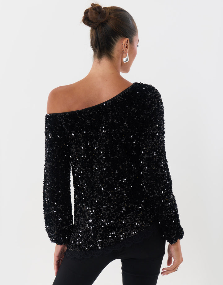 Threadbare Sequin Asymmetric Top in Black - back view