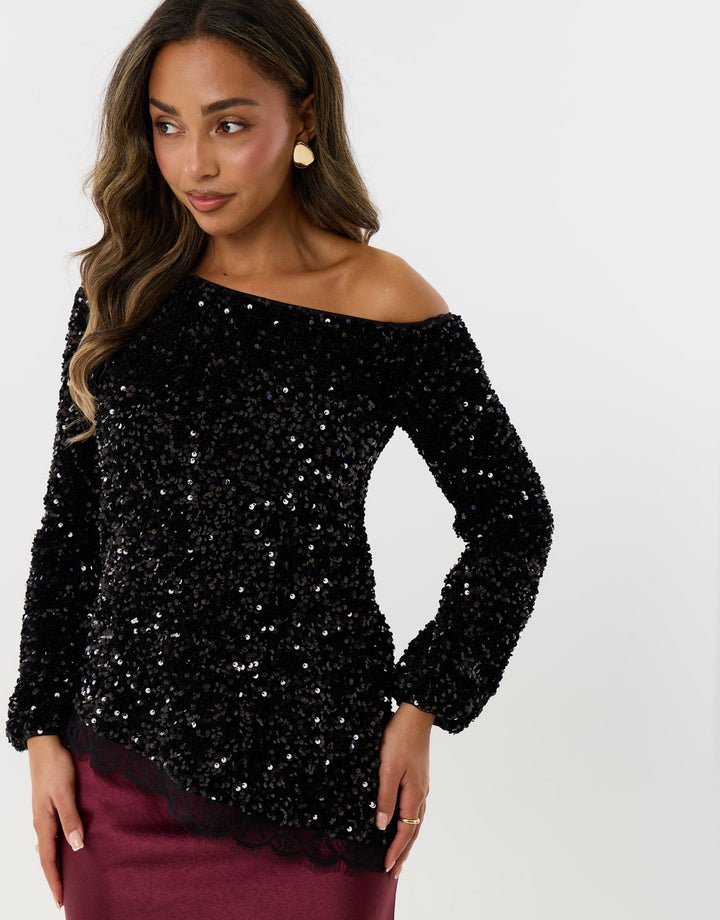 Sequin Asymmetric Top in Black