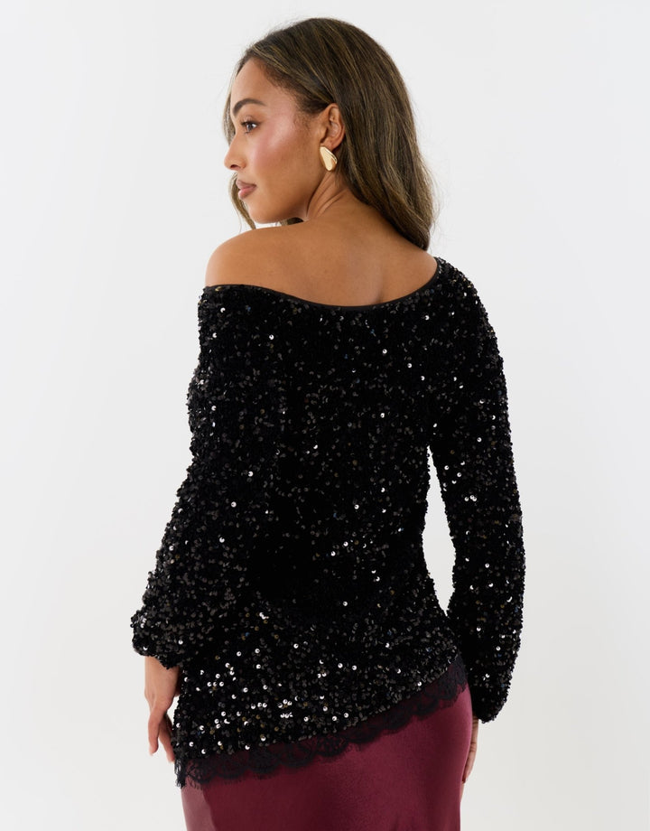 Sequin Asymmetric Top in Black