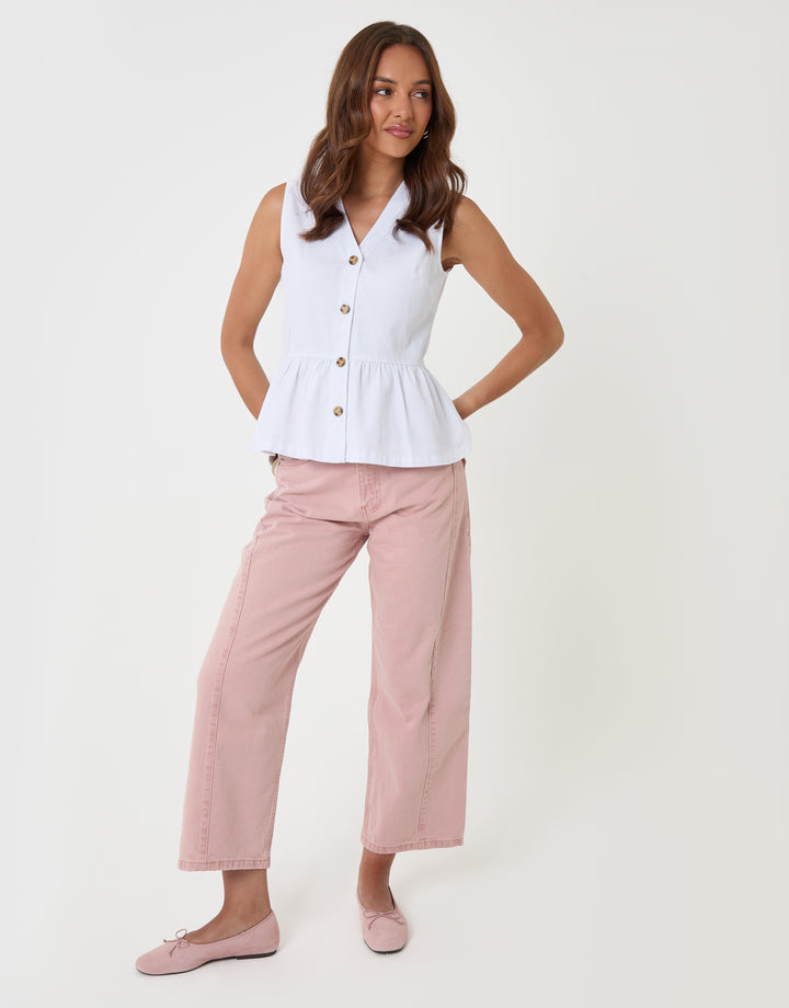 Threadbare Denim Button Up Peplum Top in White - full body