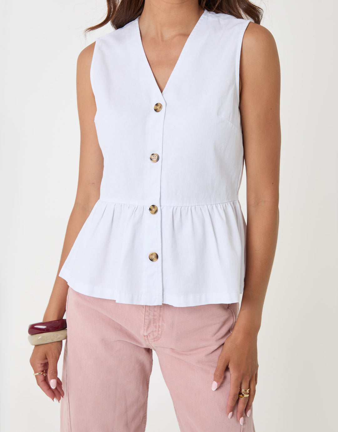 Threadbare Denim Button Up Peplum Top in White - close up