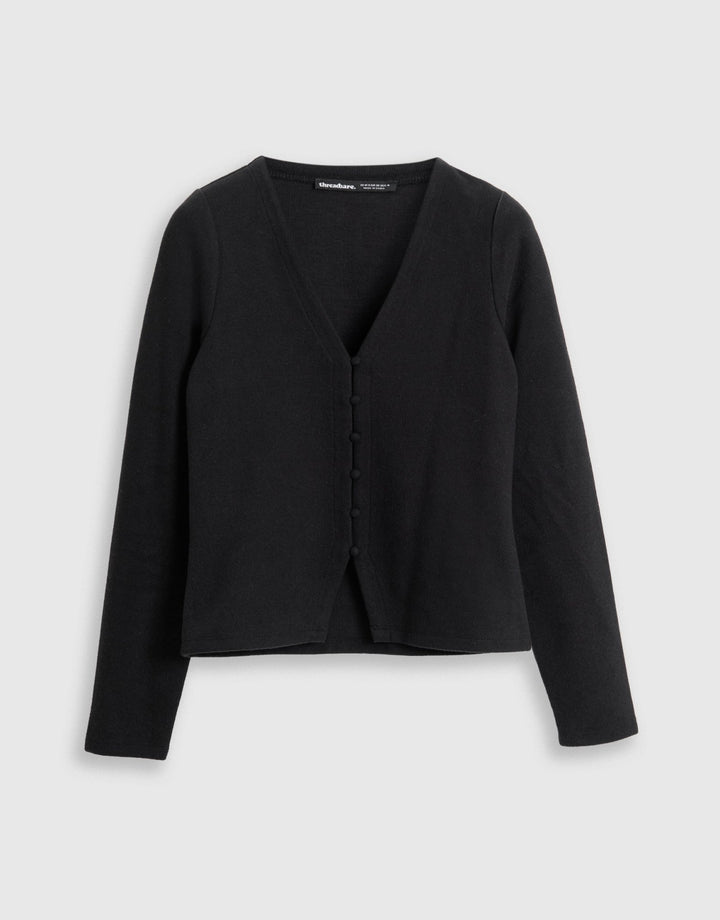 Ribbed V Neck Cardigan in Black