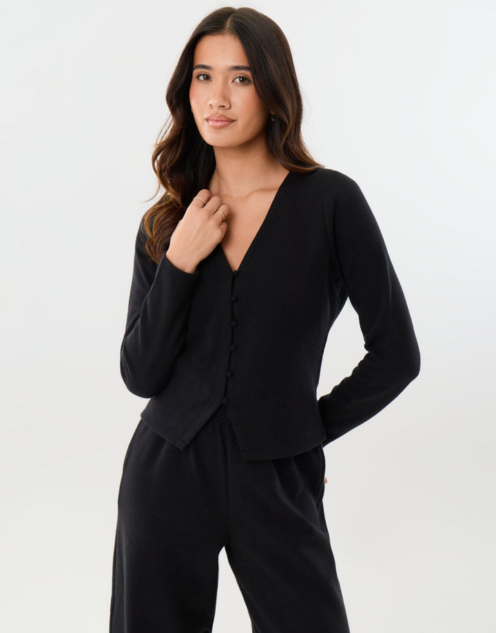 Ribbed V Neck Cardigan in Black