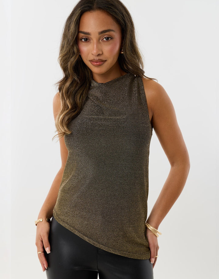 Metallic Asymmetric Cowl Neck Vest in Bronze