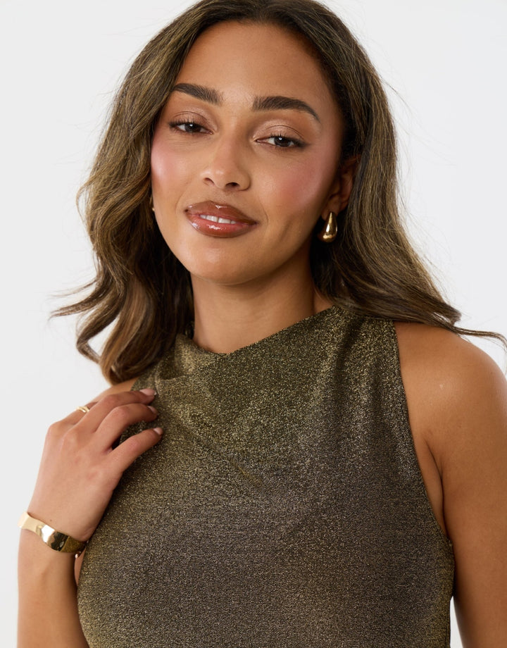 Metallic Asymmetric Cowl Neck Vest in Bronze