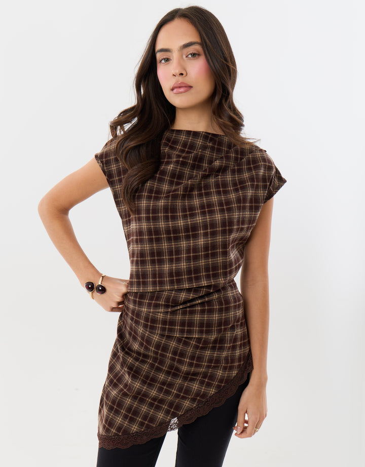 Asymmetric Lace Trim Top in Chocolate Check