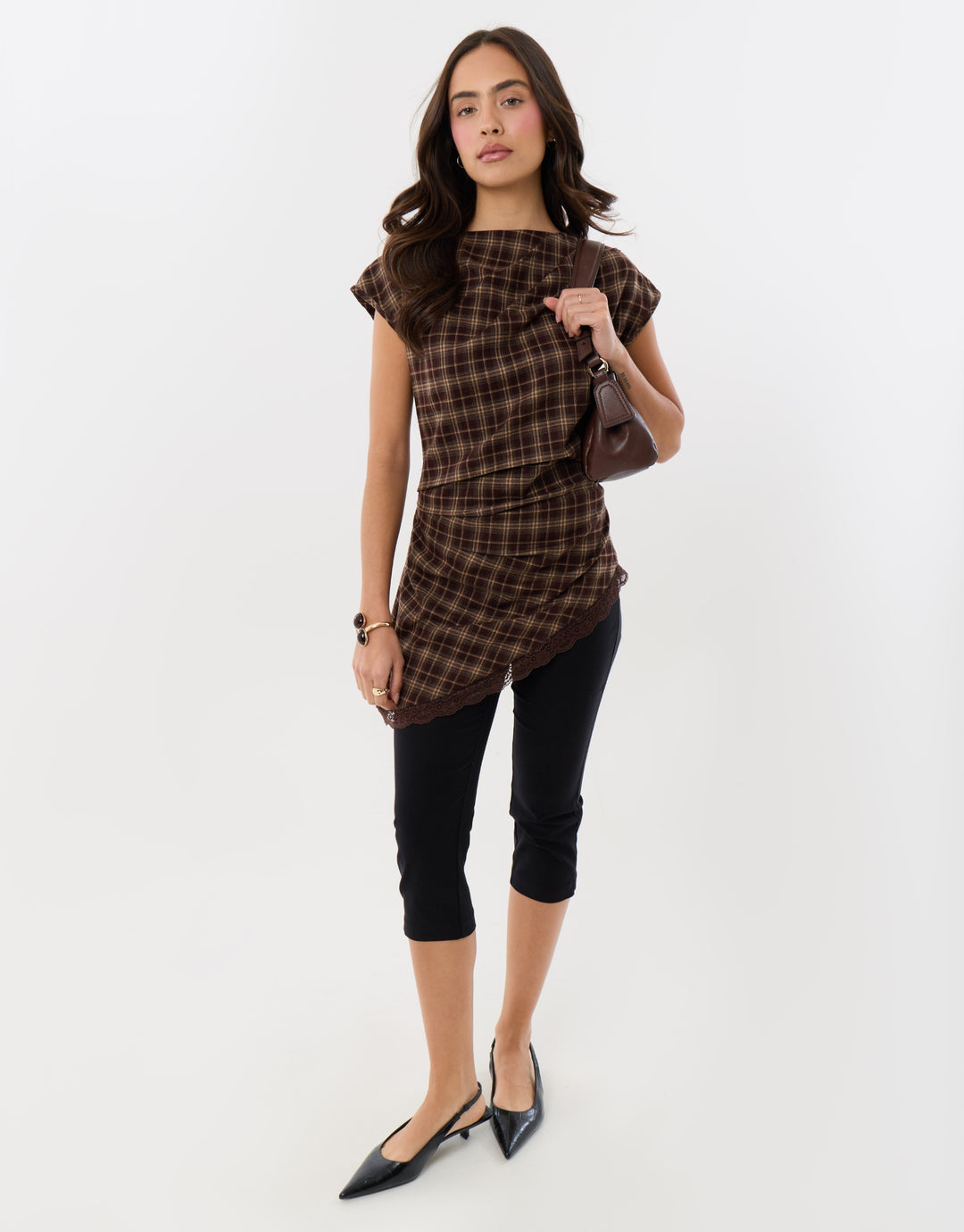 Asymmetric Lace Trim Top in Chocolate Check