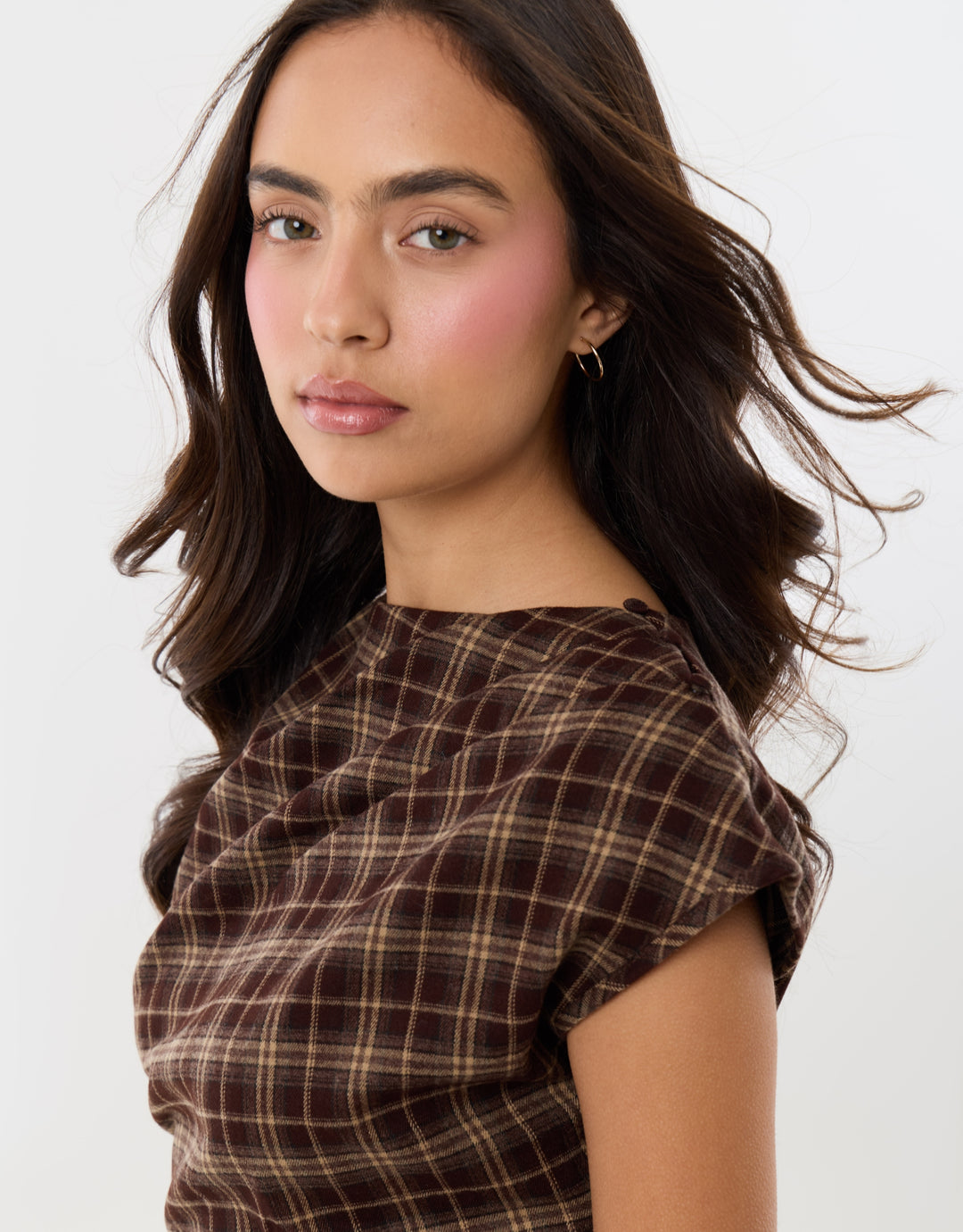 Asymmetric Lace Trim Top in Chocolate Check