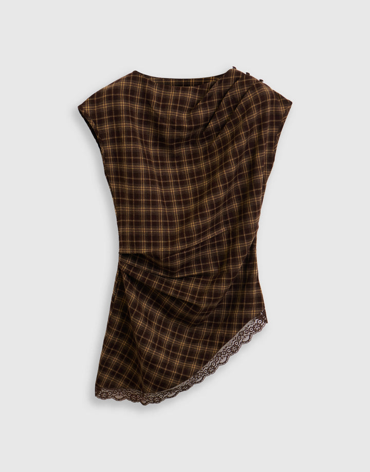 Asymmetric Lace Trim Top in Chocolate Check